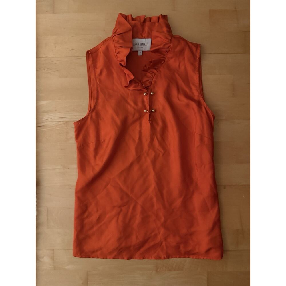 Elizabeth McKay Shirt Womens Silk Sleeveless Ruffle Neck Blouse Tank Orange 4